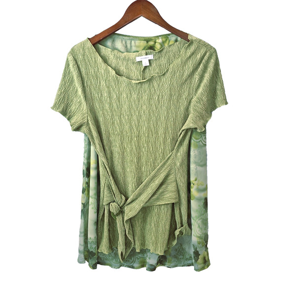 Women’s Green Tie Front Top & Floral Midi Skirt Set L Boho Cottagecore - Picture 1 of 15